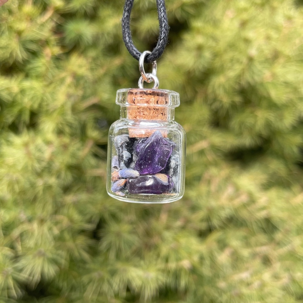 Snowflake Obsidian Amethyst Lavender Bottle Necklace | Gemstone Glass Jar